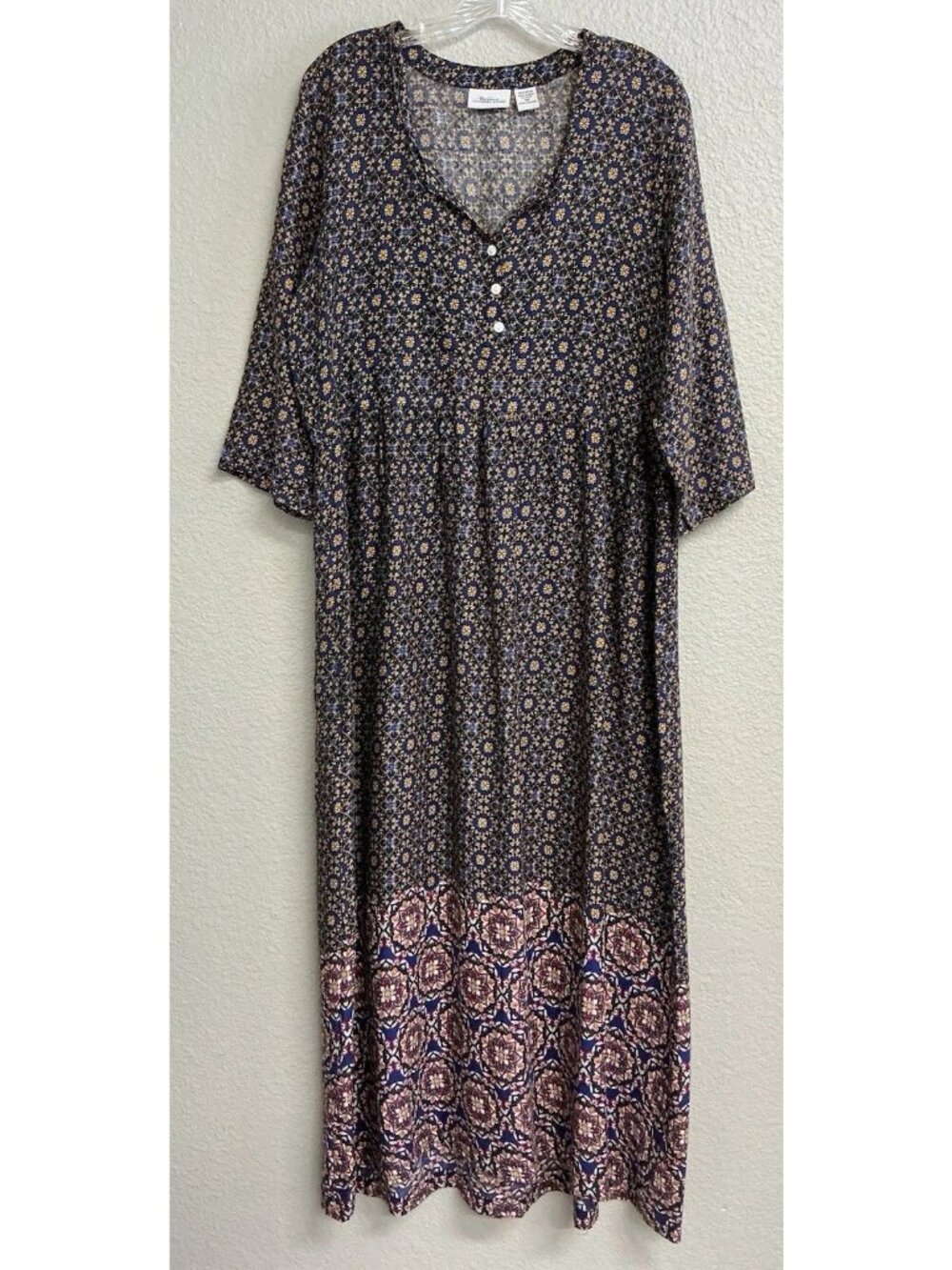 Vermont Country Store Maxi Dress Women’s Medium  Boho Hippie Peasant Blue Print